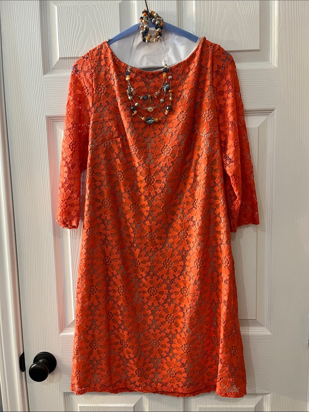 Orange Lace Midi Dress with Three-Quarter Sleeves